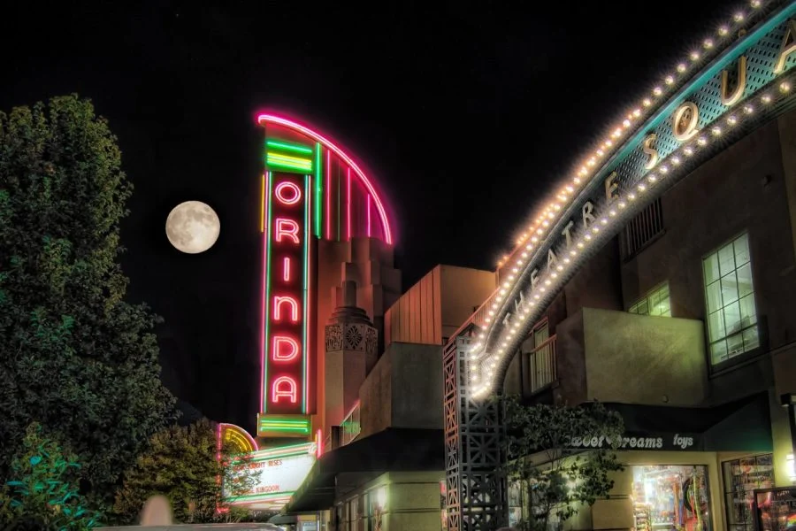 The Orinda Movie Theater sign at night in Orinda, CA